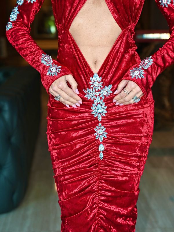 nila velvet halter cutout maxi dress with gloves red 15