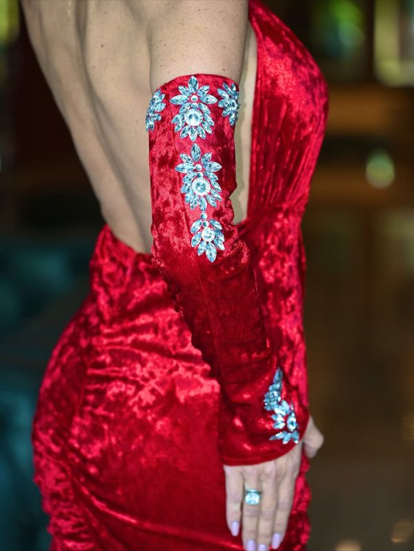 nila velvet halter cutout maxi dress with gloves red 17