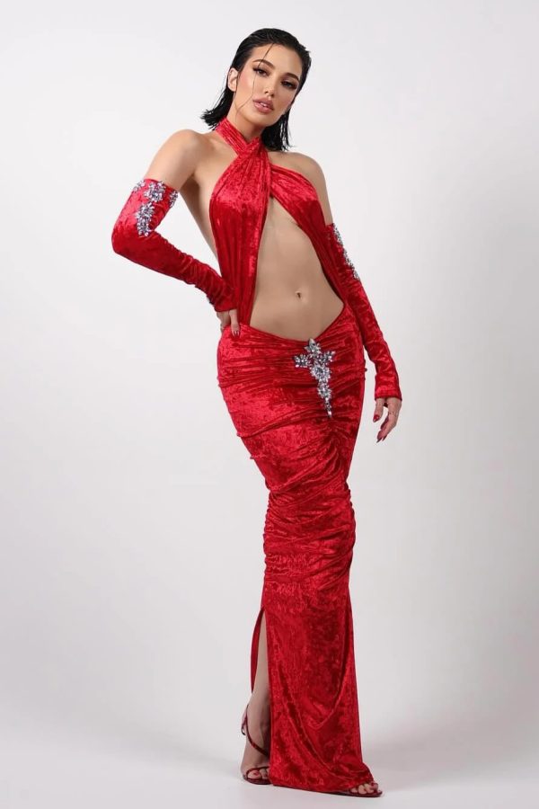 nila velvet halter cutout maxi dress with gloves red 21
