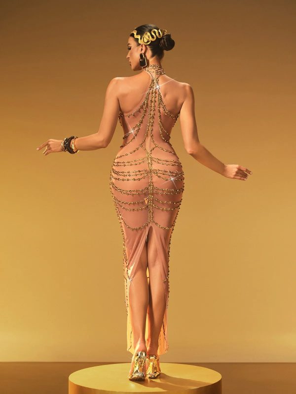 olisa halterneck rhinestone maxi dress in gold 16