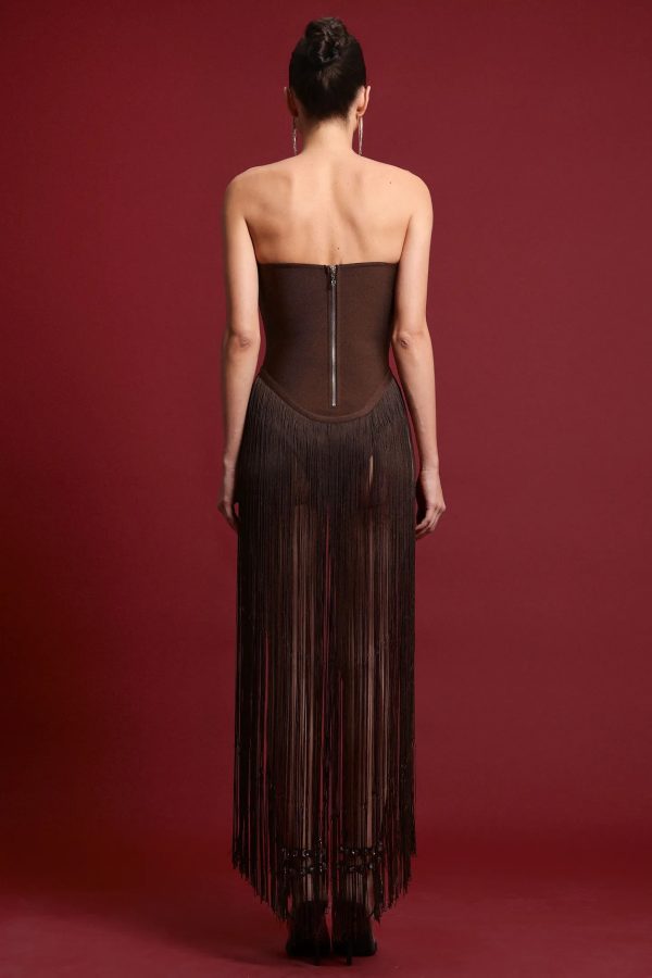 rendor strapless fringe bandage maxi dress in brown 16