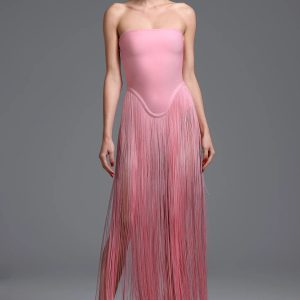 rendor strapless fringe bandage maxi dress in pink 11