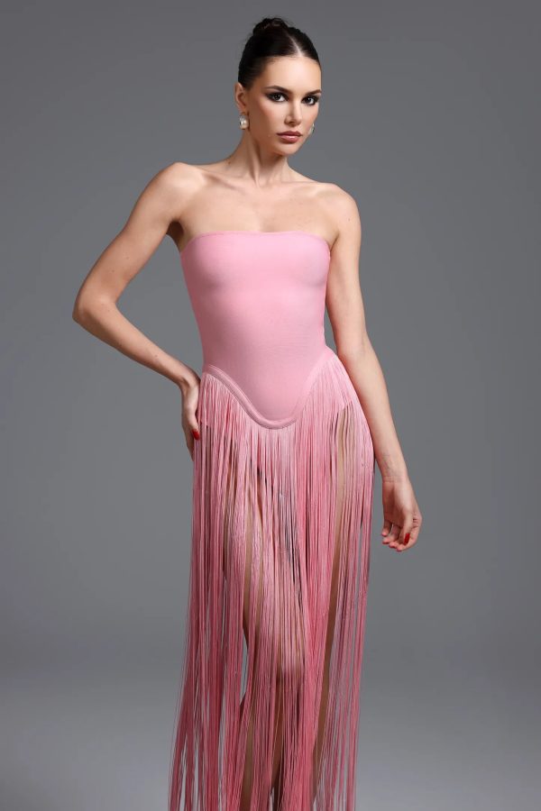 rendor strapless fringe bandage maxi dress in pink 12
