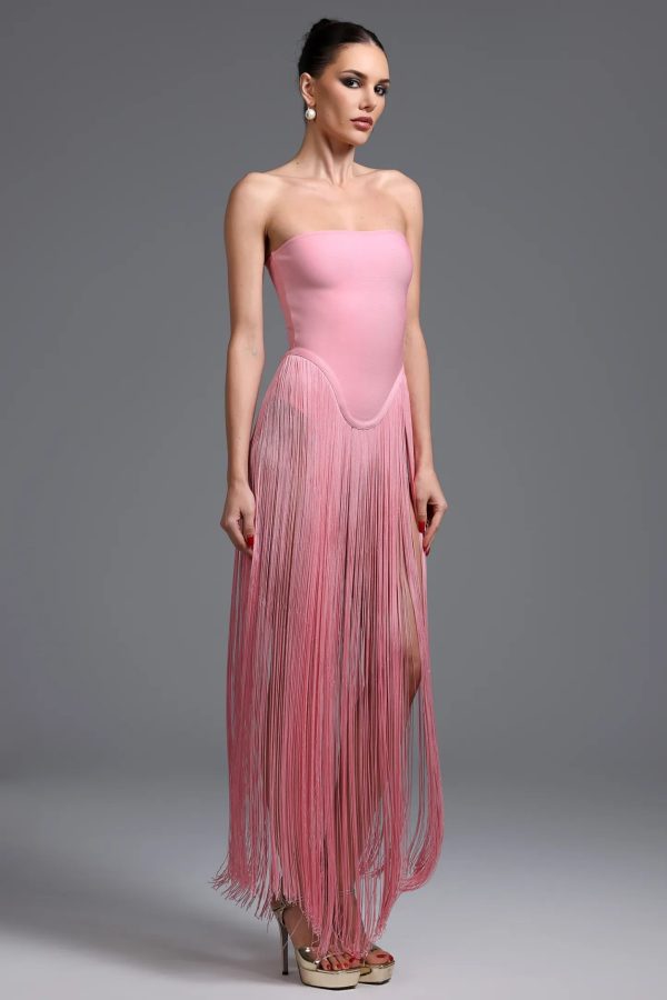 rendor strapless fringe bandage maxi dress in pink 14