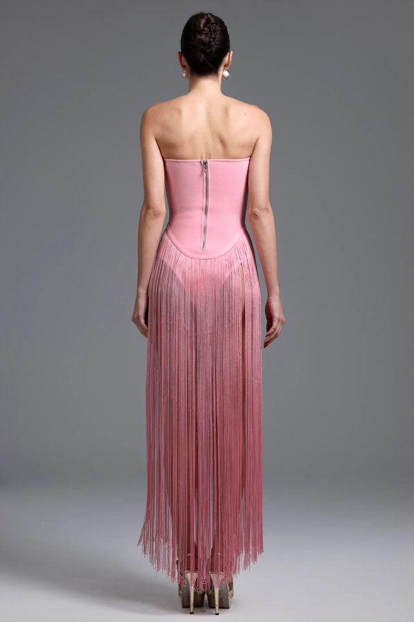 rendor strapless fringe bandage maxi dress in pink 16