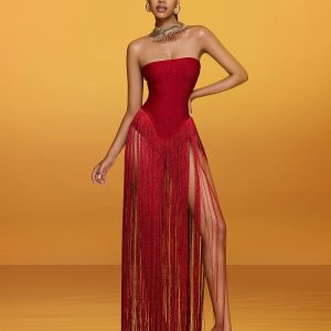 rendor strapless fringe bandage maxi dress in red 11