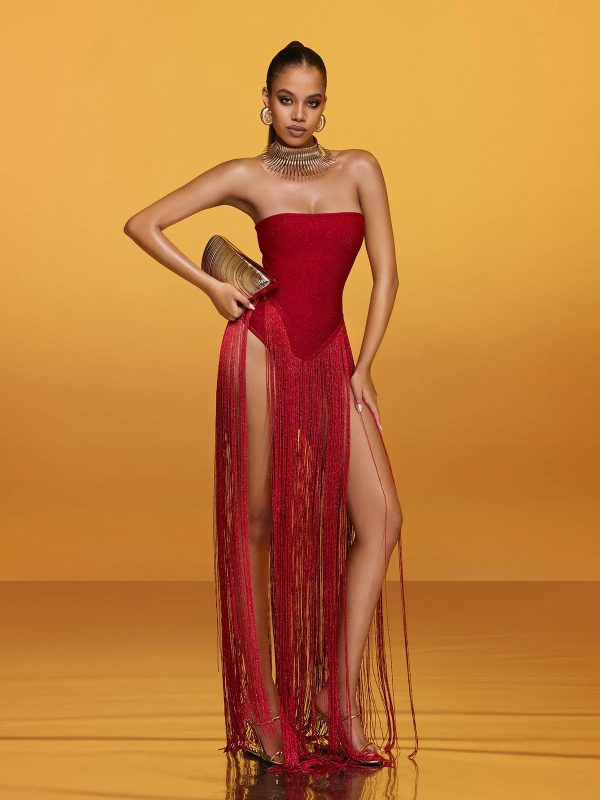 rendor strapless fringe bandage maxi dress in red 12