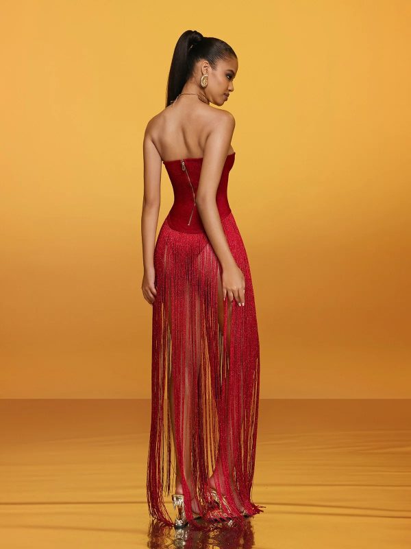 rendor strapless fringe bandage maxi dress in red 16