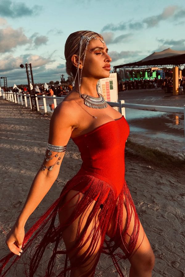 rendor strapless fringe bandage maxi dress in red 19