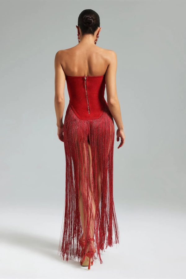 rendor strapless fringe bandage maxi dress in red 32