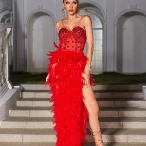 vieby strapless rhinestone feather maxi dress in red 11 vieby strapless rhinestone feather maxi dress in red 11