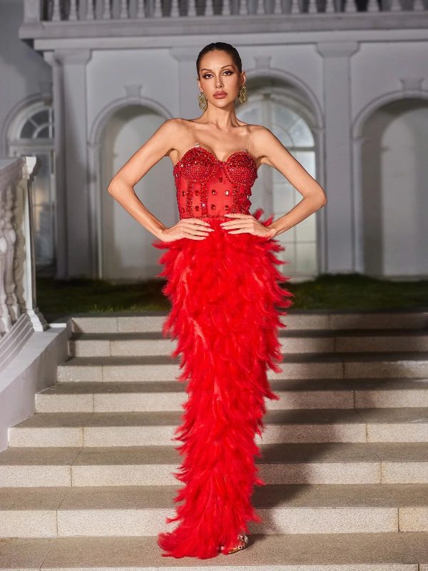 vieby strapless rhinestone feather maxi dress in red 12