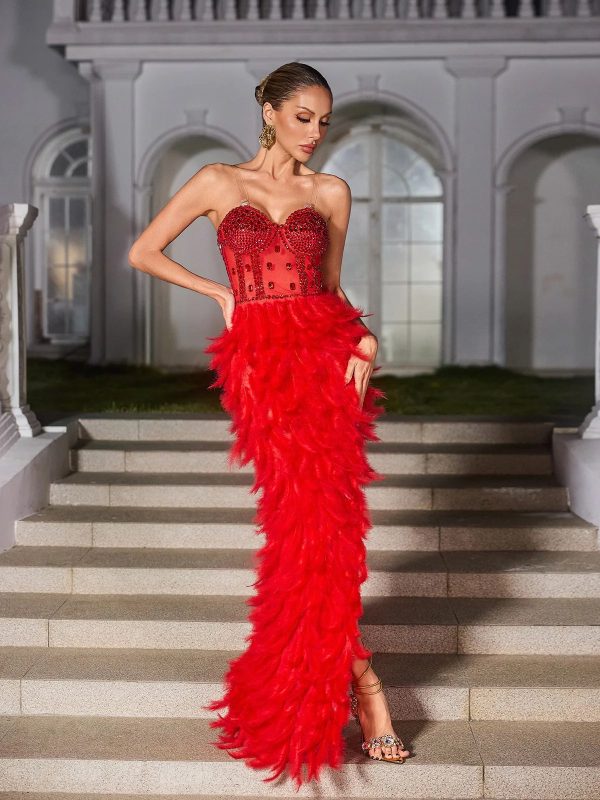 vieby strapless rhinestone feather maxi dress in red 14