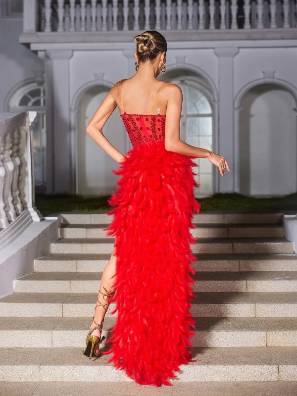 vieby strapless rhinestone feather maxi dress in red 16
