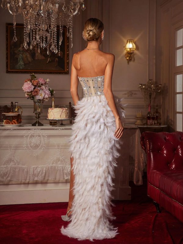 vieby strapless rhinestone feather maxi dress in white 16