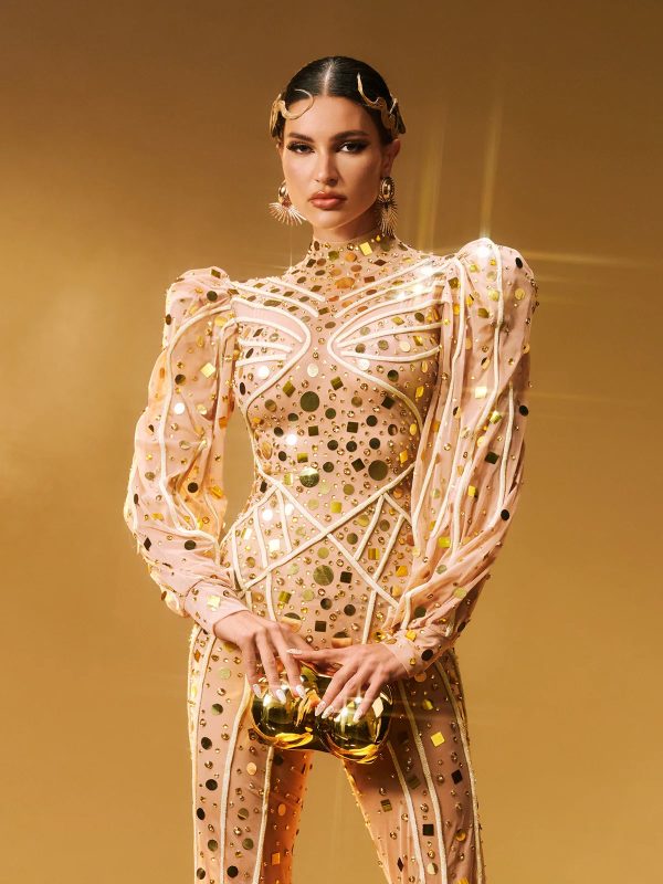 zylar long sleeve embellished jumpsuit in gold 12