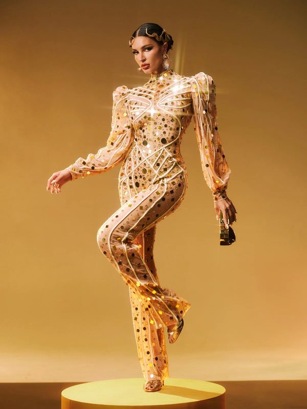 zylar long sleeve embellished jumpsuit in gold 13
