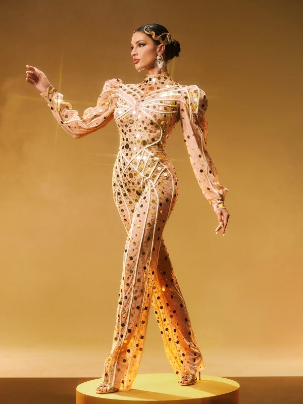 zylar long sleeve embellished jumpsuit in gold 14