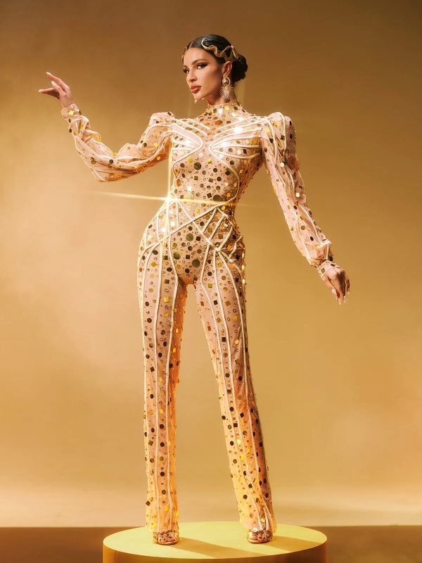zylar long sleeve embellished jumpsuit in gold 15