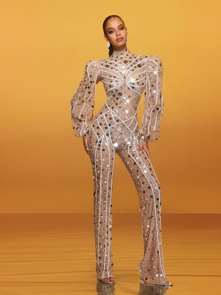 zylar long sleeve embellished jumpsuit in silver 11