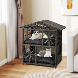 2 storey wicker rattan cat house with removable cushions 11