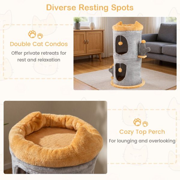 cat tree tower with cozy condos & plush dangling balls 14