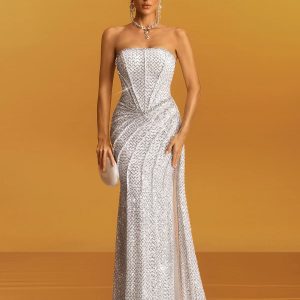 glein strapless ruched sequin maxi dress in white 11