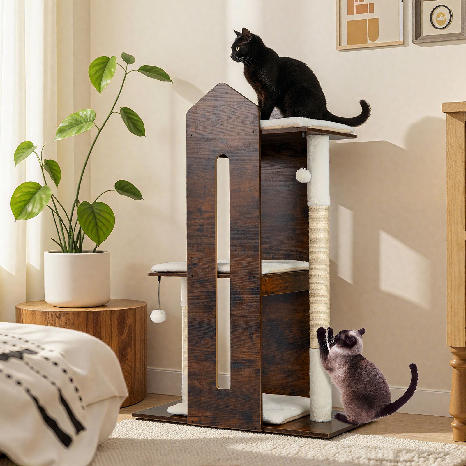 wooden cat activity center with sisal scratching posts & hanging balls 11