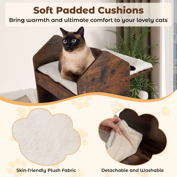 wooden cat activity center with sisal scratching posts & hanging balls 14