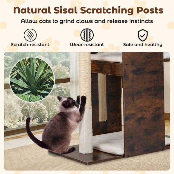 wooden cat activity center with sisal scratching posts & hanging balls 15