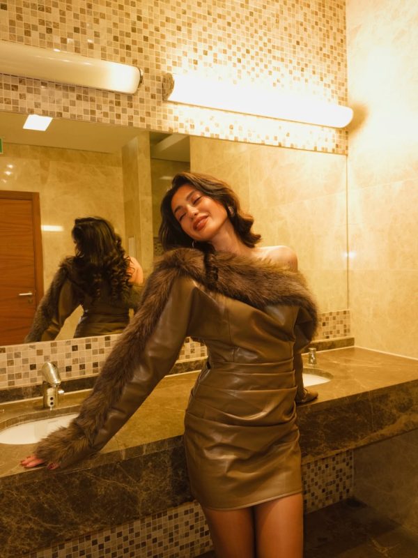 dioptra one shoulder leather faux fur mini dress in chocolate 12