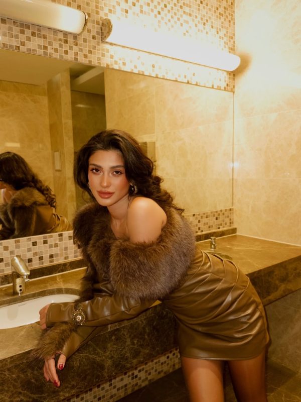 dioptra one shoulder leather faux fur mini dress in chocolate 14