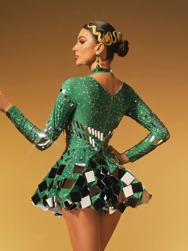 ella long sleeve embellished mini dress in green 16