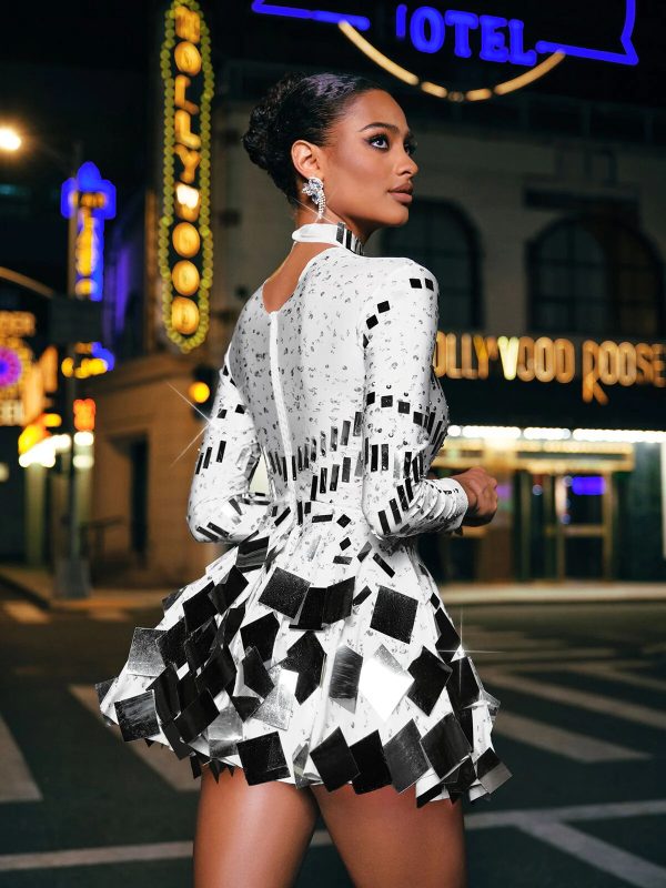 ella long sleeve embellished mini dress in white 16