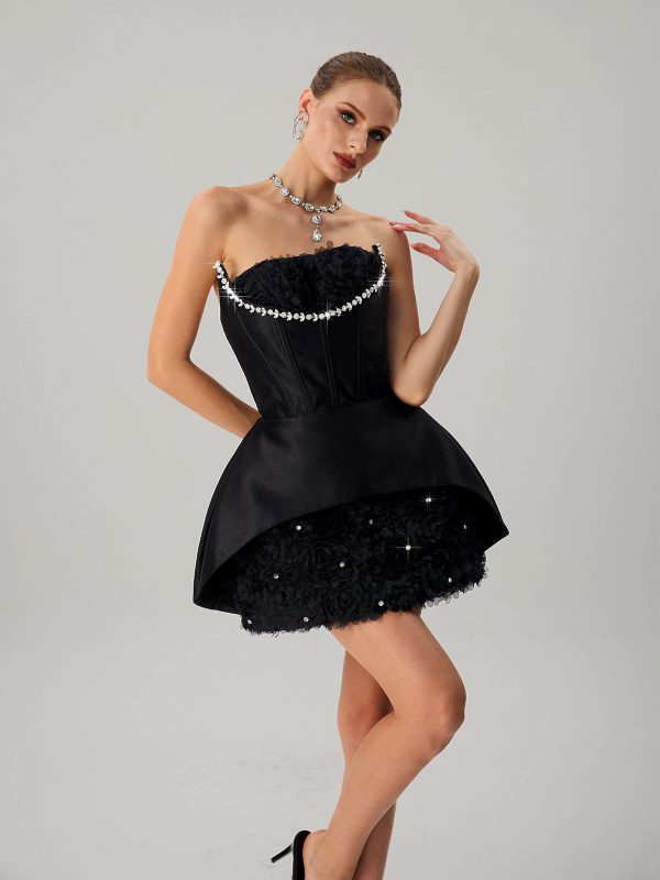 fariha strapless corset flower mini dress in black 14