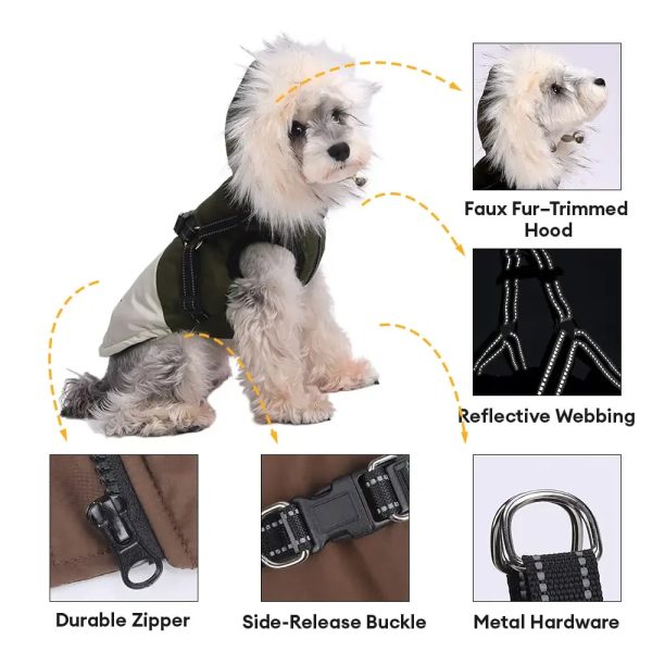 fur trim hooded warm dog coat with leash buckle 17