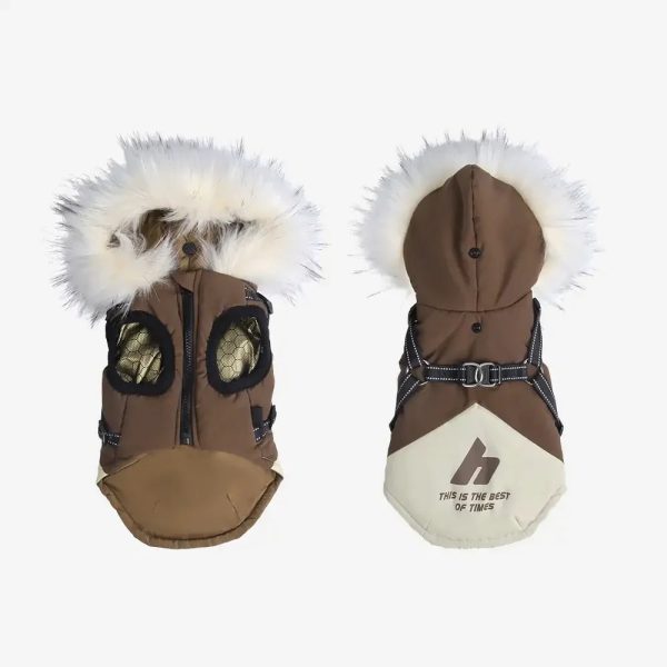 fur trim hooded warm dog coat with leash buckle 26