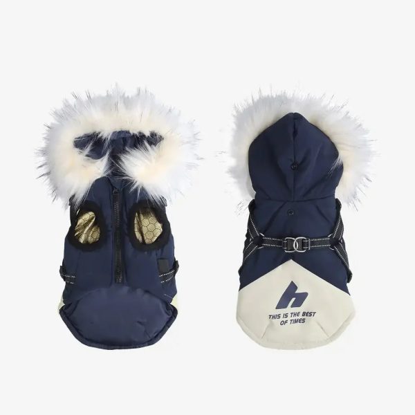fur trim hooded warm dog coat with leash buckle 27