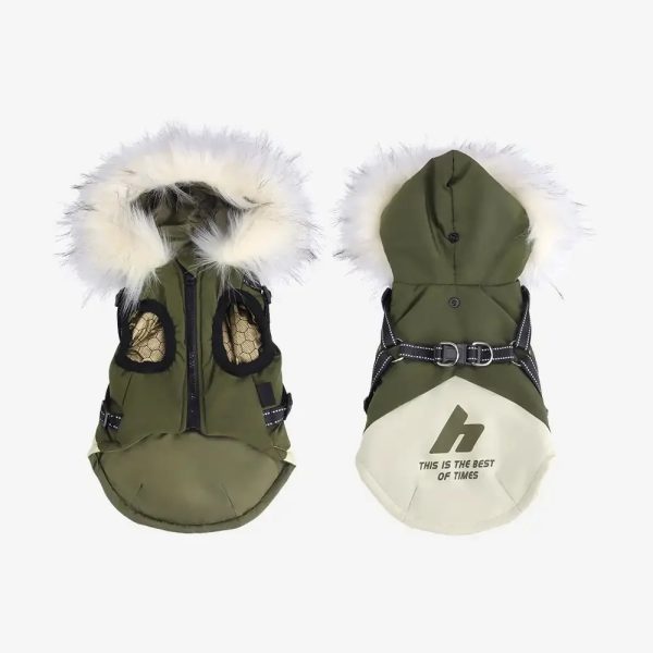 fur trim hooded warm dog coat with leash buckle 28