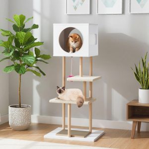 tall wood cat tower with corrugated cardboard scratching pads 11