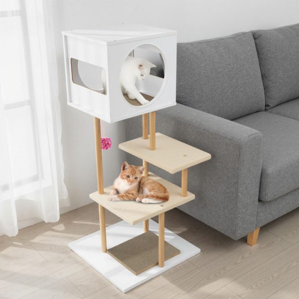 tall wood cat tower with corrugated cardboard scratching pads 12