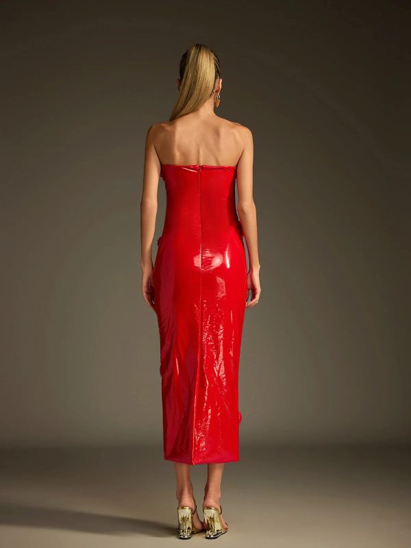 taron strapless heart leather midi dress in red 16