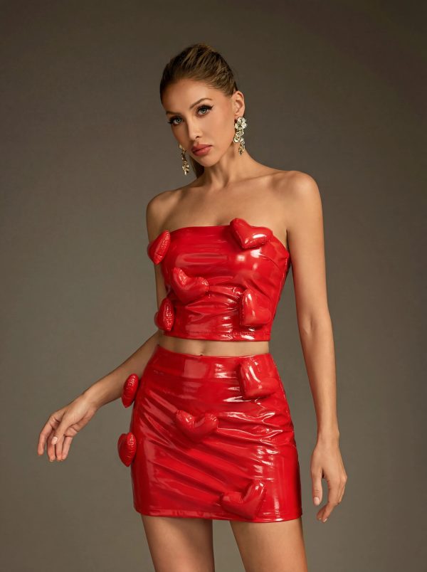 taron strapless heart leather skirt set in red 14