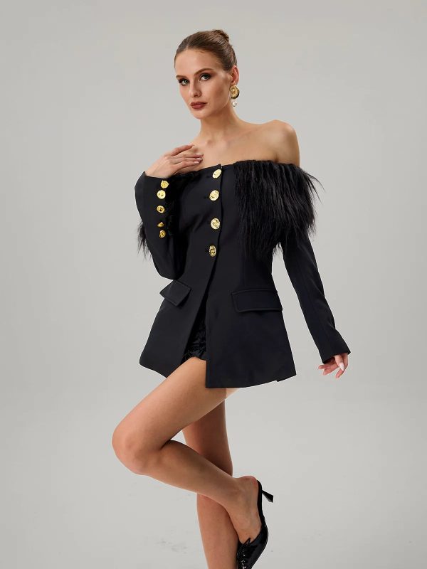 vazzar off shoulder fringe blazer 14