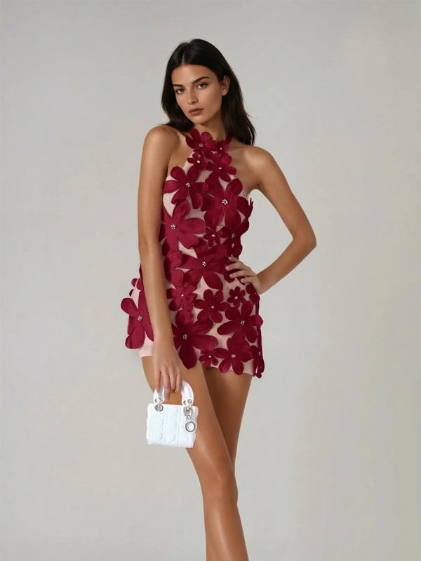 geodar halterneck flower mini dress in wine 12