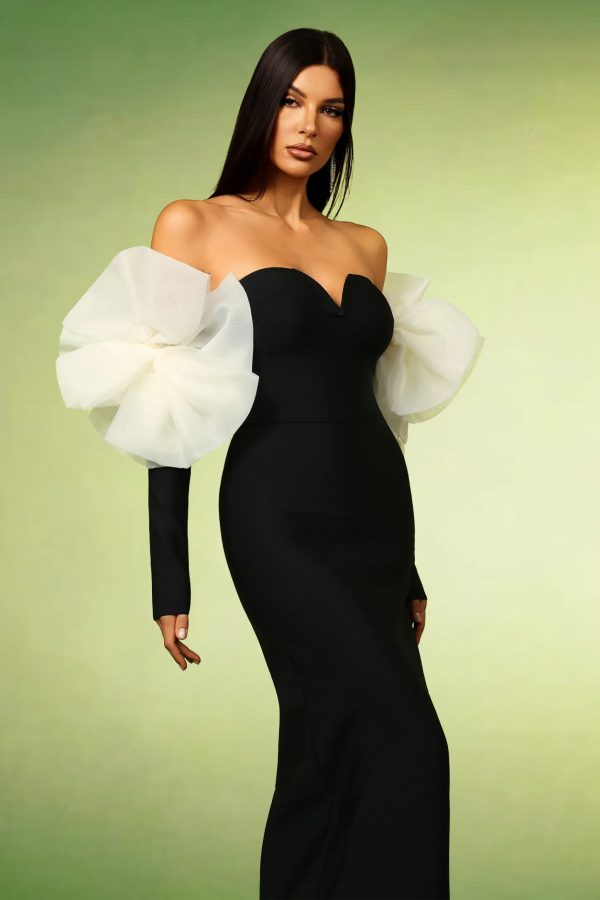 ifra off shoulder flower bandage maxi dress in black 15