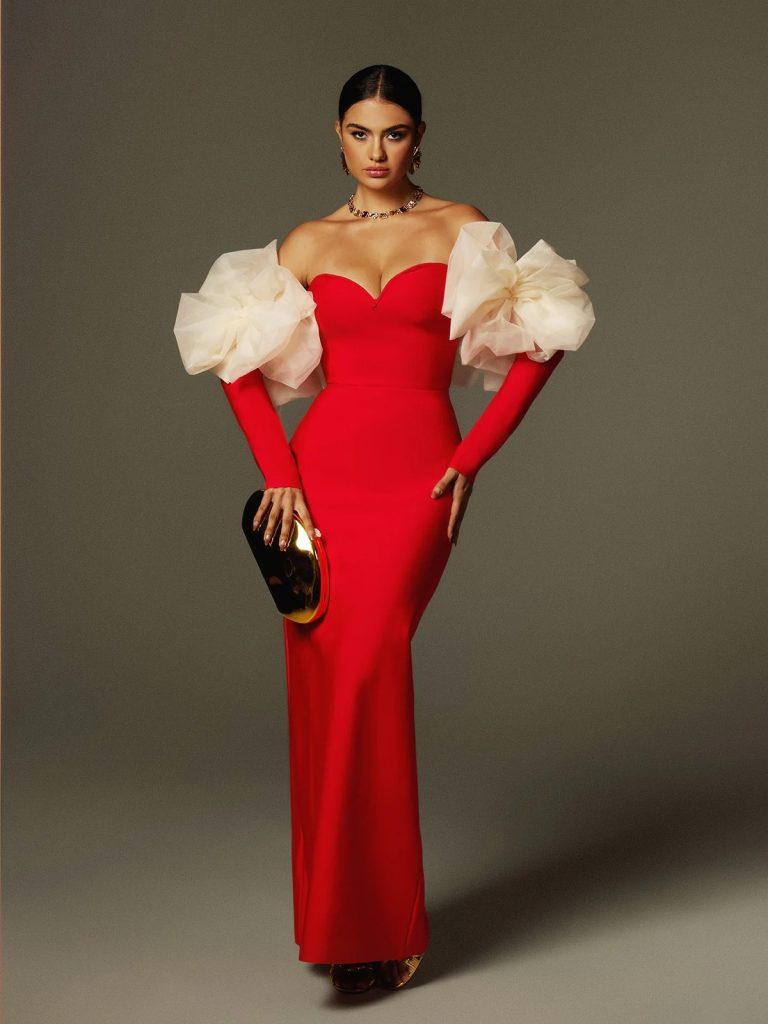 ifra off shoulder flower bandage maxi dress in red 11