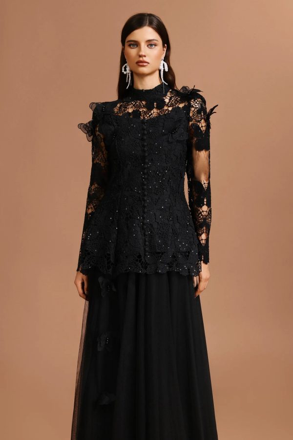 okama long sleeve folds lace butterfly top & skirt two piece set 12