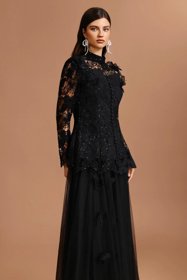 okama long sleeve folds lace butterfly top & skirt two piece set 13