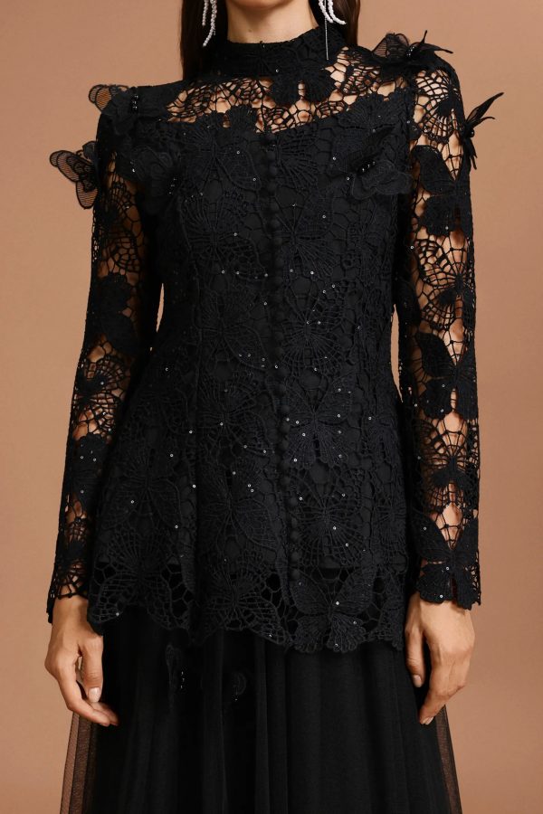 okama long sleeve folds lace butterfly top & skirt two piece set 14